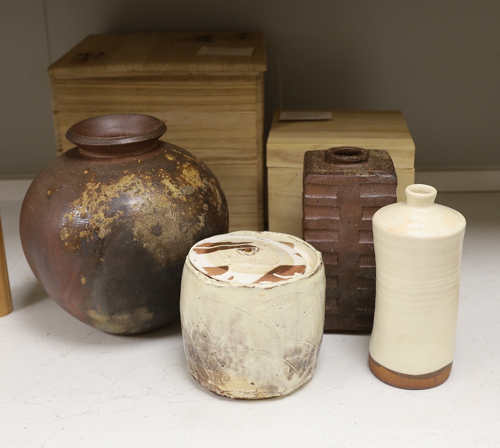 Three Japanese pottery vases and a similar pot and cover, Bizen kilns etc.,two items boxed, largest 25.5cm high